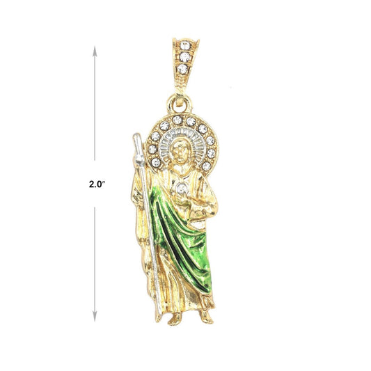 PE2 Small San Judas Tadeo With Green Robe Chain (White Stones)